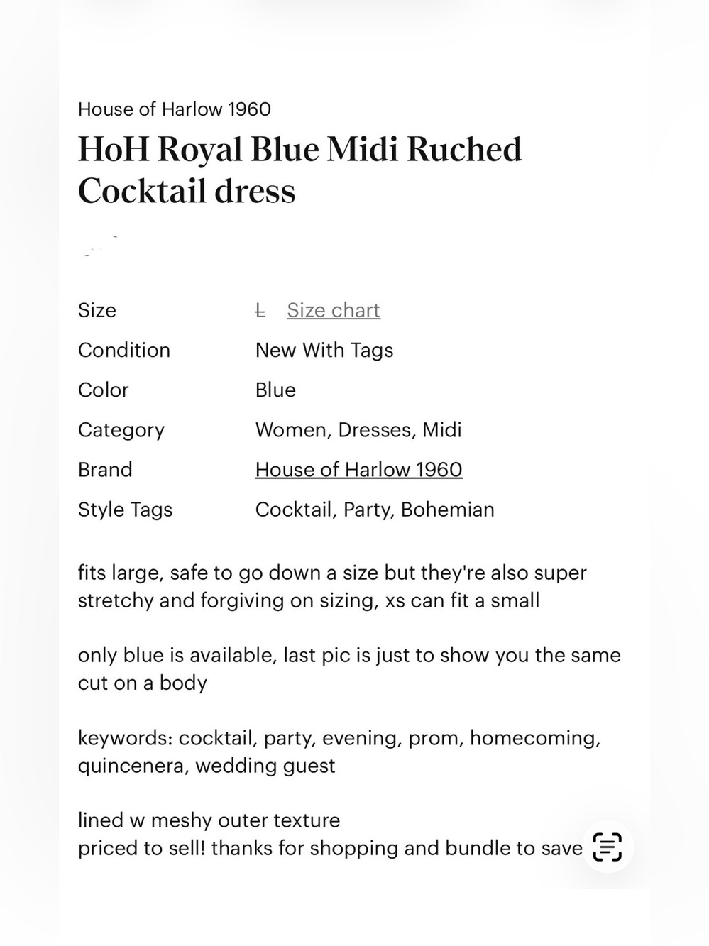 NWT House of Harlow 1960 Royal Blue Ruched Sleeveless Midi Dress L - Picture 4 of 14